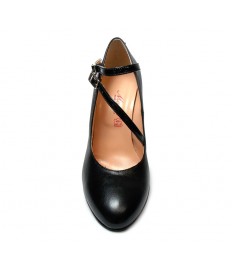 Scarpa da ballo donna liscio tango con doppio cinturino in pelle nera  suola cuoio tacco 90 a rocchetto sottile