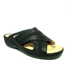 Oasi art. 1200-03 pelle nera e pois bianchi ciabatta con plantare estraibile