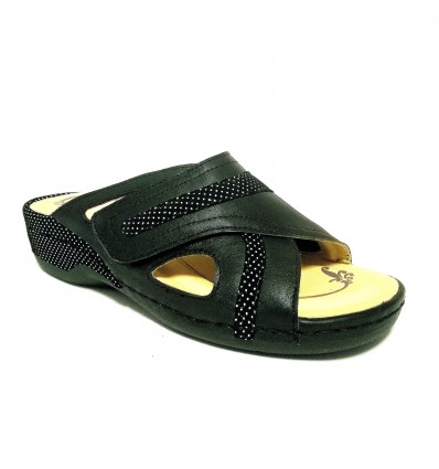 Oasi art. 1200-03 pelle nera e pois bianchi ciabatta con plantare estraibile