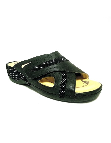 Oasi art. 1200-03 pelle nera e pois bianchi ciabatta con plantare estraibile