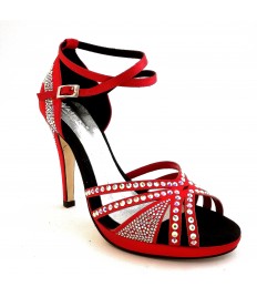 Scarpa da ballo donna latino liscio spuntata raso rosso tutta strass suola cuoio plateau 1,5 cm tacco 115 a stiletto