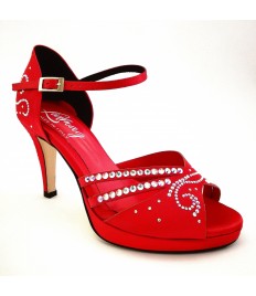Scarpa da ballo donna latino liscio spuntata raso rosso strass plateau 1,5 cm suola cuoio tacco 85 stiletto