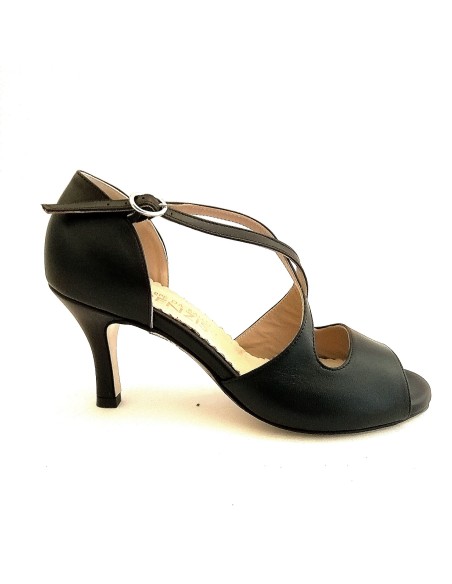Scarpa da ballo donna tango argentino liscio da sala spuntata pelle nera suola cuoio pomiciato tacco 70 rocchetto sottile