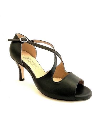 Scarpa da ballo donna tango argentino liscio da sala spuntata pelle nera suola cuoio pomiciato tacco 70 rocchetto sottile