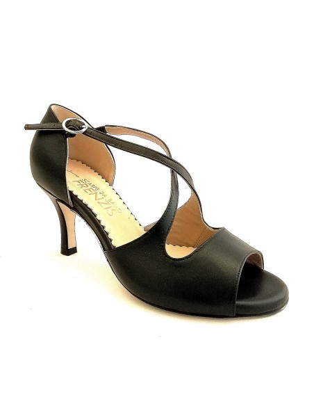 Scarpa da ballo donna tango argentino liscio da sala spuntata pelle nera suola cuoio pomiciato tacco 70 rocchetto sottile