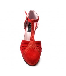 Scarpa da ballo donna liscio latino camoscio rosso plateau suola cuoio tacco 105