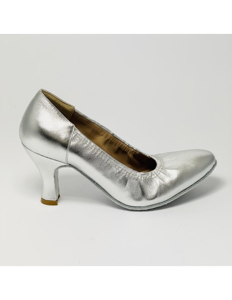 Scarpa da ballo donna liscio da sala standard punta chiusa pelle argento suola bufalo tacco 70 rocchetto