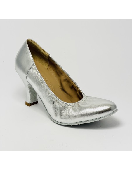 Scarpa da ballo donna liscio da sala standard punta chiusa pelle argento suola bufalo tacco 70 rocchetto