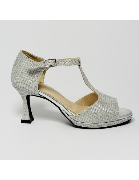 Scarpa da ballo donna latino americano ballo da sala liscio tessuto lamp argento plateau suola gommina tacco 70 rocchetto