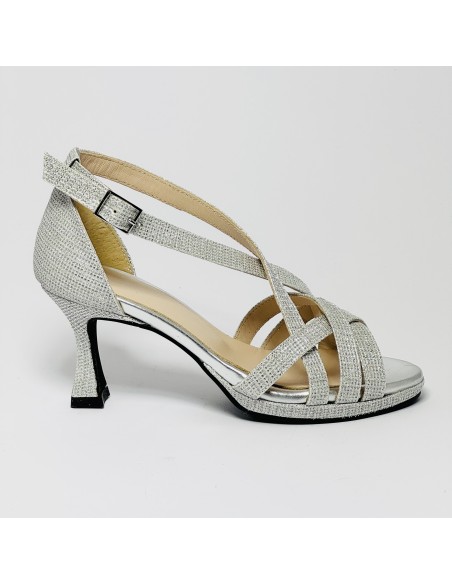 Scarpa da ballo donna latino americano ballo da sala liscio memory plateau tessuto lamp argento suola gommina tacco 70 rocchetto