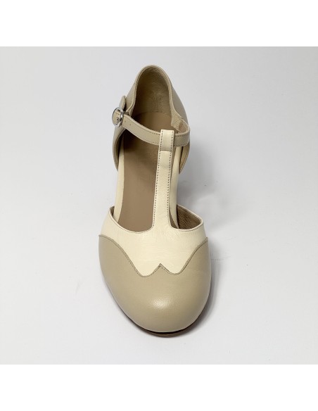 Scarpa da ballo donna ballo da sala liscio pelle carne e beige suola cuoio pomiciato tacco 40 largo