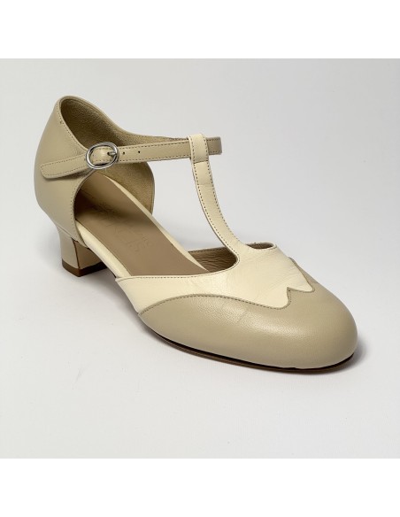 Scarpa da ballo donna ballo da sala liscio pelle carne e beige suola cuoio pomiciato tacco 40 largo