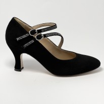 Scarpa da ballo donna liscio da sala standard punta chiusa camoscio nero e strass suola cuoio pomiciato tacco 70 rocchetto