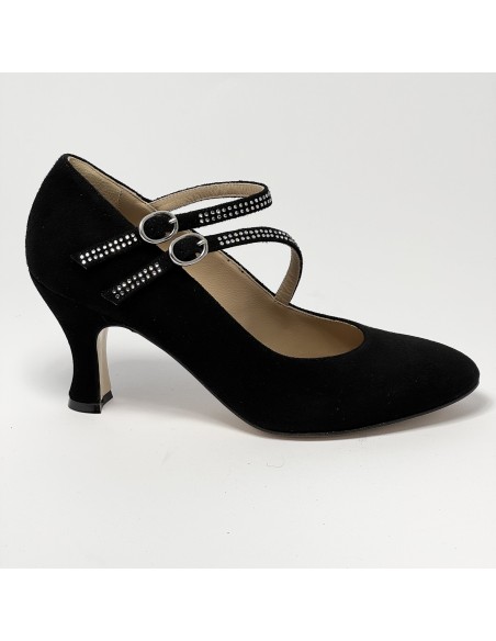 Scarpa da ballo donna liscio da sala standard punta chiusa camoscio nero e strass suola cuoio pomiciato tacco 70 rocchetto