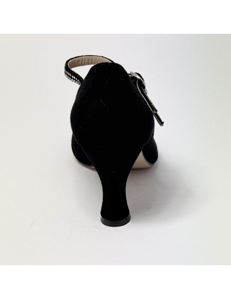 Scarpa da ballo donna liscio da sala standard punta chiusa camoscio nero e strass suola cuoio pomiciato tacco 70 rocchetto