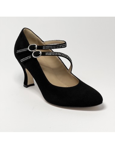 Scarpa da ballo donna liscio da sala standard punta chiusa camoscio nero e strass suola cuoio pomiciato tacco 70 rocchetto