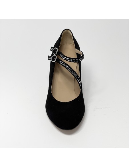 Scarpa da ballo donna liscio da sala standard punta chiusa camoscio nero e strass suola cuoio pomiciato tacco 70 rocchetto