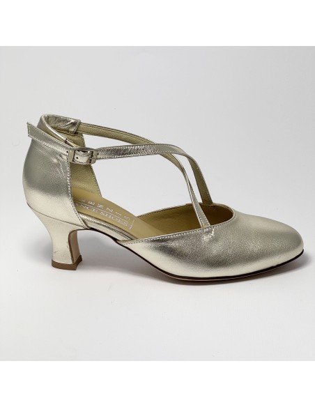 Scarpa da ballo donna pallo da sala liscio punta chiusa pelle platino suola cuoio tacco 50