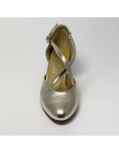 Scarpa da ballo donna pallo da sala liscio punta chiusa pelle platino suola cuoio tacco 50