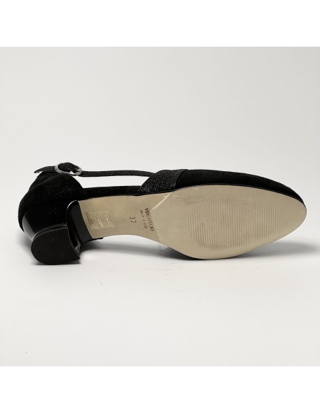 Scarpa da ballo donna ballo da sala liscio latino tango nabuk glitter nero suola cuoio pomiciato tacco 30 largo