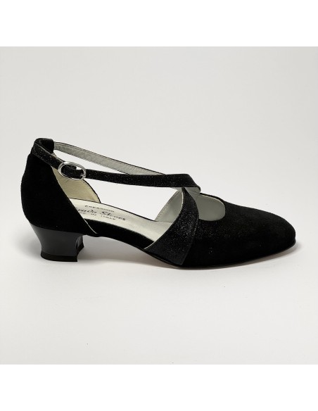 Scarpa da ballo donna ballo da sala liscio latino tango nabuk glitter nero suola cuoio pomiciato tacco 30 largo
