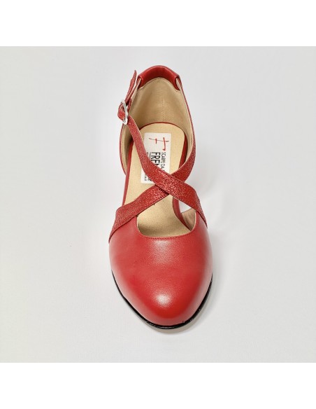 Scarpa da ballo donna ballo da sala liscio tango latino pelle glitter rosso suola cuoio pomiciato tacco 30 largo