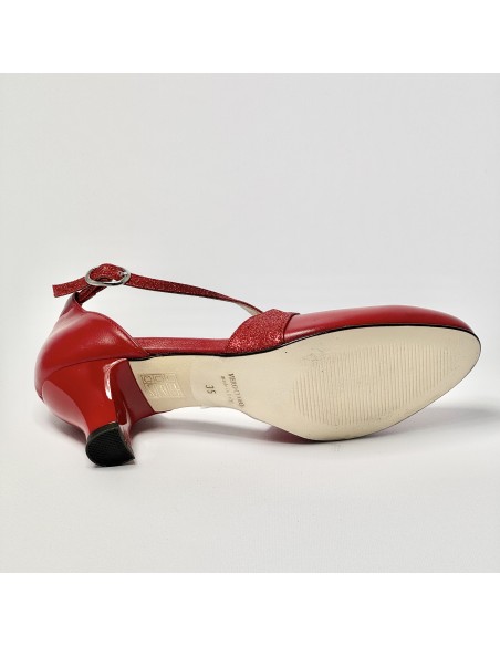 Scarpa da ballo donna ballo da sala liscio latino tango pelle glitter rosso suola cuoio pomiciato tacco 50