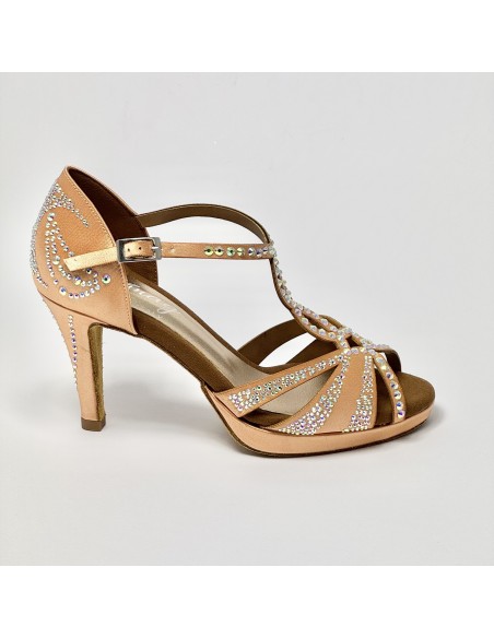 Scarpa da ballo donna latino americano ballo da sala raso flesh strass boreali plateau suola bufalo tacco 85 stiletto