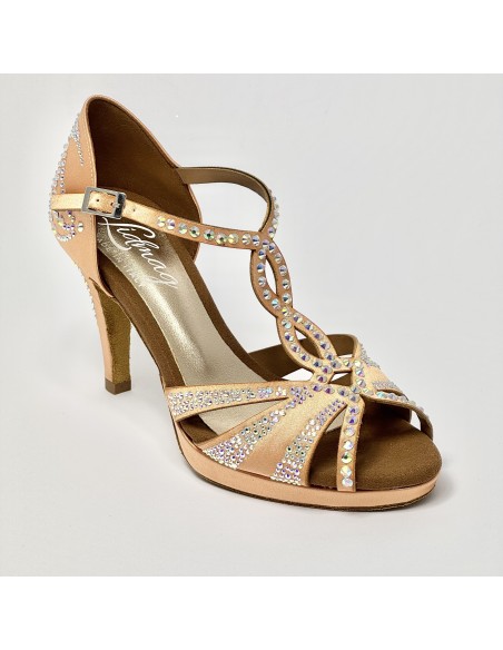 Scarpa da ballo donna latino americano ballo da sala raso flesh strass boreali plateau suola bufalo tacco 85 stiletto