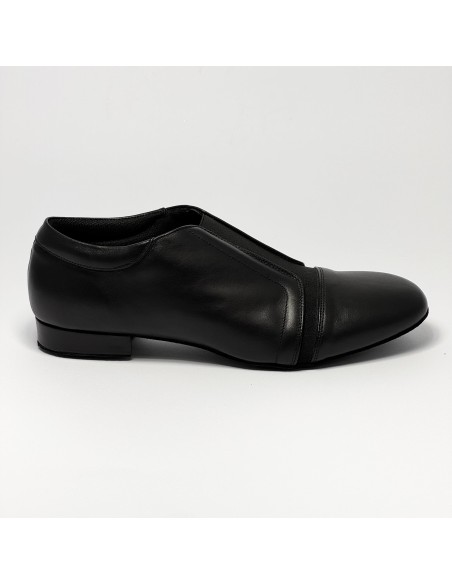 Scarpa da ballo uomo liscio tango latino pelle nero elastico sul collo del piede suola bufalo tacco 20