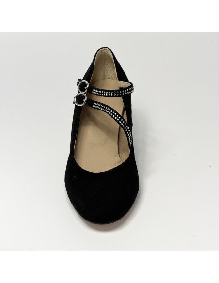 Scarpa da ballo donna ballo da sala liscio standard camoscio nero strass suola cuoio pomiciato tacco 50 rocchetto