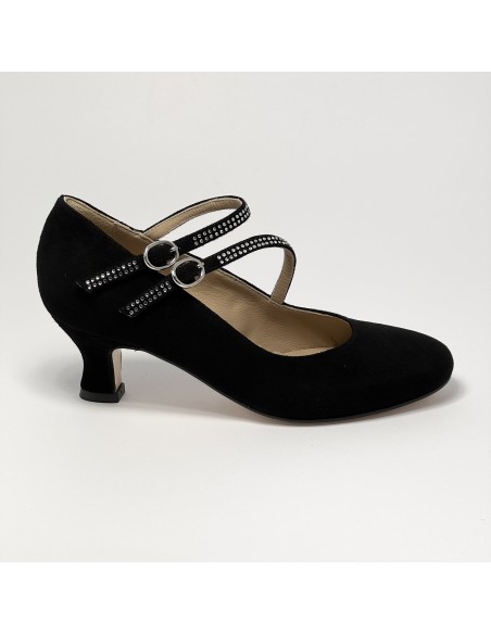 Scarpa da ballo donna ballo da sala liscio standard camoscio nero strass suola cuoio pomiciato tacco 50 rocchetto