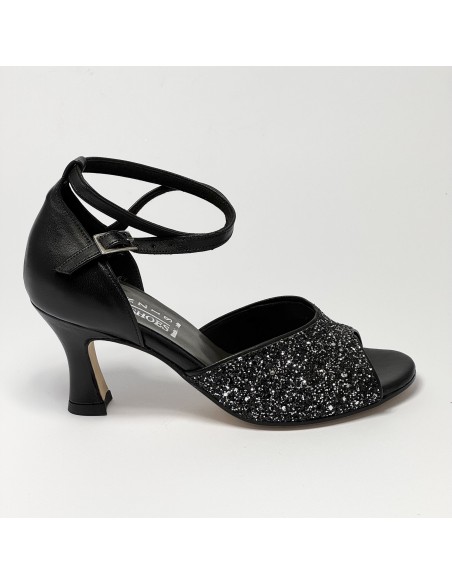 Scarpa da ballo donna latino americano ballo da sala liscio pelle nero glitter canna di fucile suola cuoio tacco 70 rocchetto