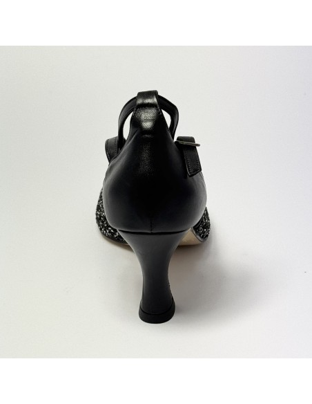 Scarpa da ballo donna latino americano ballo da sala liscio pelle nero glitter canna di fucile suola cuoio tacco 70 rocchetto