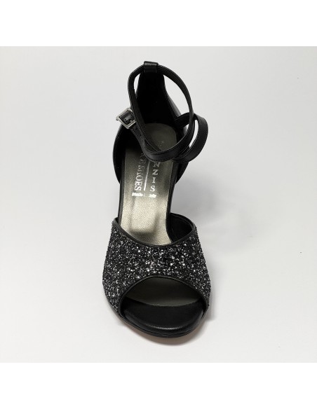 Scarpa da ballo donna latino americano ballo da sala liscio pelle nero glitter canna di fucile suola cuoio tacco 70 rocchetto