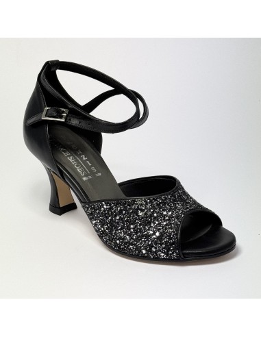 Scarpa da ballo donna latino americano ballo da sala liscio pelle nero glitter canna di fucile suola cuoio tacco 70 rocchetto