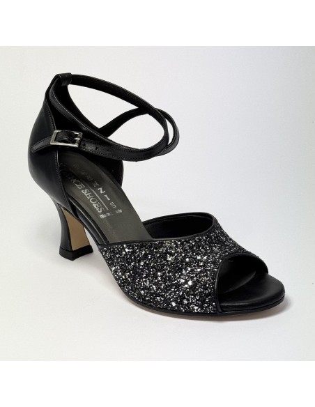 Scarpa da ballo donna latino americano ballo da sala liscio pelle nero glitter canna di fucile suola cuoio tacco 70 rocchetto