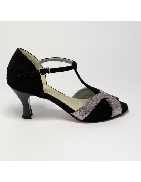Scarpa da ballo donna latino americano ballo da sala liscio camoscio nero glitter arcobaleno suola cuoio tacco 70 rocchetto