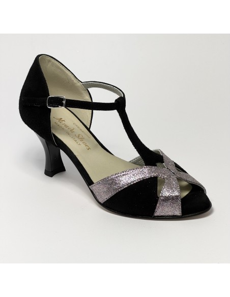 Scarpa da ballo donna latino americano ballo da sala liscio camoscio nero glitter arcobaleno suola cuoio tacco 70 rocchetto
