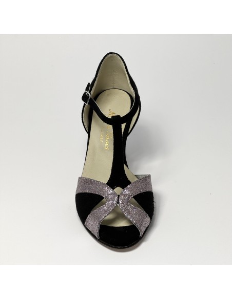 Scarpa da ballo donna latino americano ballo da sala liscio camoscio nero glitter arcobaleno suola cuoio tacco 70 rocchetto