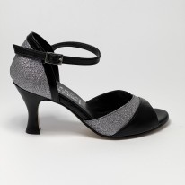 Scarpa da ballo donna latino americano ballo da sala liscio pelle nero glitter canna di fucile suola cuoio pomiciato tacco 70