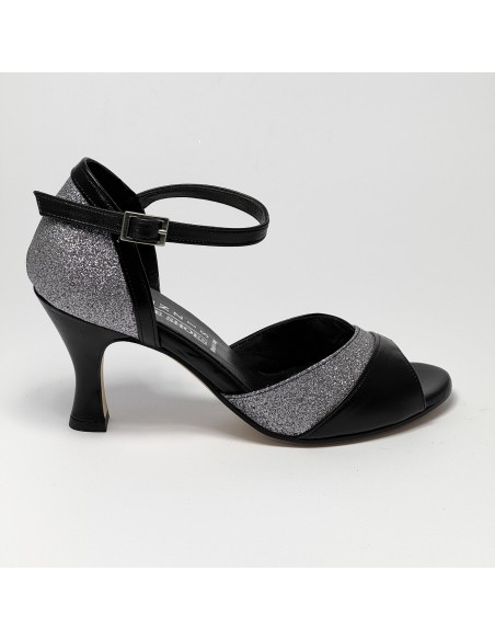 Scarpa da ballo donna latino americano ballo da sala liscio pelle nero glitter canna di fucile suola cuoio pomiciato tacco 70
