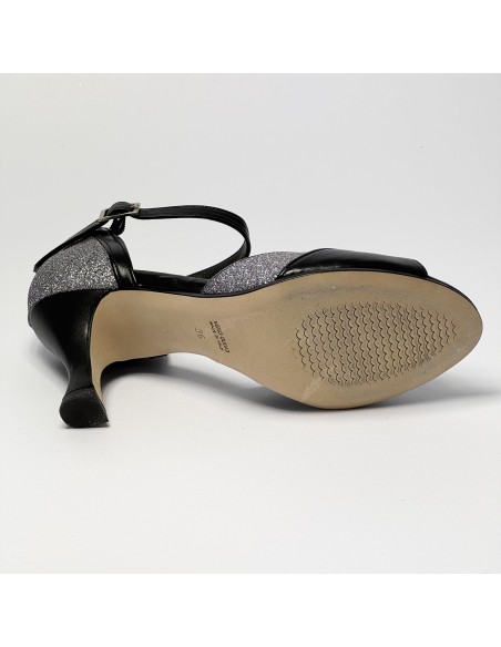 Scarpa da ballo donna latino americano ballo da sala liscio pelle nero glitter canna di fucile suola cuoio pomiciato tacco 70