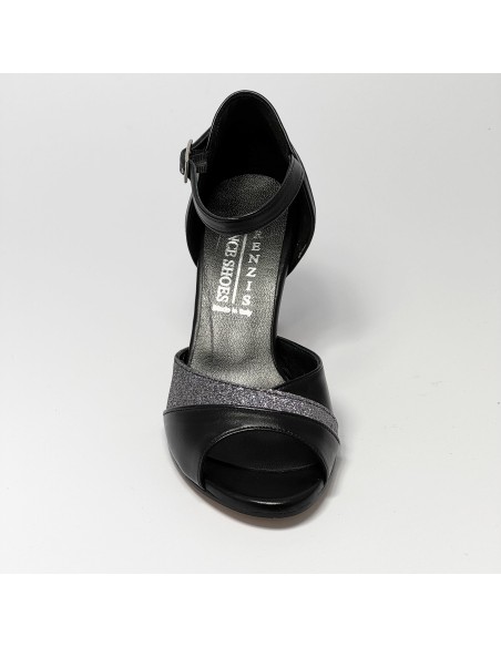 Scarpa da ballo donna latino americano ballo da sala liscio pelle nero glitter canna di fucile suola cuoio pomiciato tacco 70