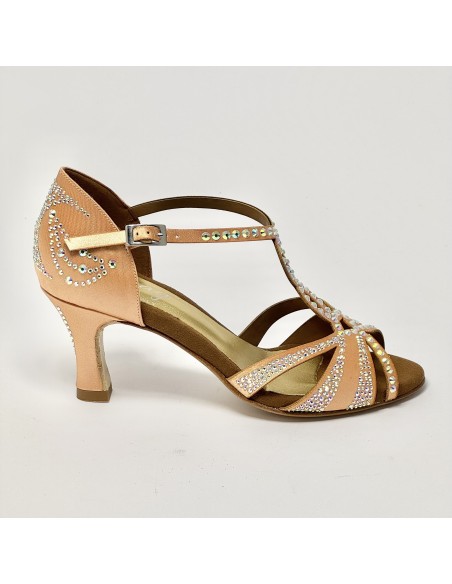 Scarpe da ballo donna latino americano ballo da sala liscio raso carne strass boreali memory suola cuoio tacco 70 rocchetto
