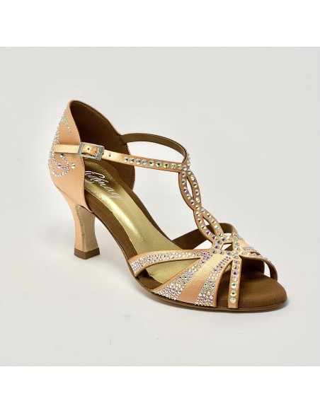 Scarpe da ballo donna latino americano ballo da sala liscio raso carne strass boreali memory suola cuoio tacco 70 rocchetto