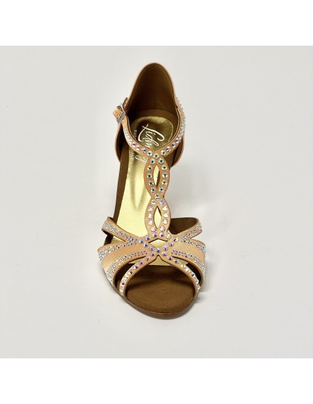Scarpe da ballo donna latino americano ballo da sala liscio raso carne strass boreali memory suola cuoio tacco 70 rocchetto