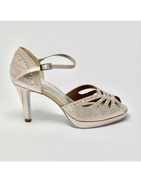 Scarpa da ballo donna latino americano ballo da sala raso cipria strass boreali plateau suola bufalo tacco 85 stiletto