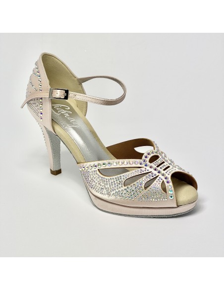 Scarpa da ballo donna latino americano ballo da sala raso cipria strass boreali plateau suola bufalo tacco 85 stiletto