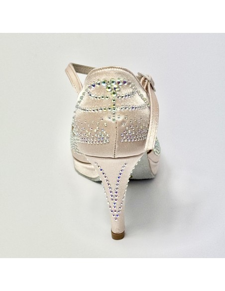 Scarpa da ballo donna latino americano ballo da sala raso cipria strass boreali plateau suola bufalo tacco 85 stiletto